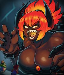 Rule 34 | 1girl, 2boys, armlet, bowser jr., bowsette, bracelet, breasts, cleavage, collar, crown, dark-skinned female, dark skin, electricity, ezzydraws, fiery hair, fingernails, fury bowser, giant, giantess, glowing, glowing eyes, glowing mouth, gradient hair, highres, horns, jewelry, kaijuu, large breasts, lightning, mario, mario (series), monster girl, multicolored hair, multiple boys, muscular, muscular female, nail polish, nintendo, open mouth, sharp fingernails, sharp teeth, spiked armlet, spiked bracelet, spiked collar, spikes, super crown, super mario 3d world, teeth