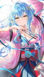 Rule 34 | 1girl, ahoge, arm up, blue hair, blue hakama, blue kimono, blush, breasts, commentary, crescent, crescent hair ornament, floral print, folding fan, hair between eyes, hair ornament, hakama, hand fan, hand up, haori, highres, holding, holding fan, hololive, japanese clothes, kimono, large breasts, long hair, long sleeves, looking at viewer, obi, parted lips, pointy ears, print kimono, rin yuu, sash, solo, symbol-only commentary, virtual youtuber, wide sleeves, yellow eyes, yukihana lamy, yukihana lamy (new year)