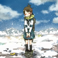 Rule 34 | artist request, black legwear, blue sky, blush, breath, brown hair, cloud, commentary request, day, closed eyes, full body, kantai collection, long sleeves, mountainous horizon, neck ribbon, open mouth, pigeon-toed, ribbon, sailor collar, scarf, school uniform, serafuku, shirayuki (kancolle), sidelocks, sky, snow, standing, v arms