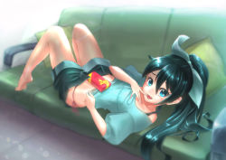Rule 34 | 1girl, absurdres, akimoto janome, bad id, bad pixiv id, barefoot, black hair, blue eyes, blue shirt, bow, box, bra strap, couch, cushion, eyelashes, fang, finger to mouth, from side, ganaha hibiki, gift, gift box, hair bow, hair ribbon, highres, idolmaster, idolmaster (classic), knees up, legs, long hair, looking at viewer, looking back, lying, midriff, off shoulder, on back, on couch, open fly, open mouth, panties, ponytail, puffy sleeves, red panties, ribbon, shirt, short sleeves, shorts, side-tie panties, solo, tears, unbuttoned, underwear, wavy mouth