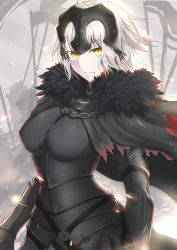 Rule 34 | 1girl, absurdres, armor, black armor, black cape, breasts, cape, commentary request, fate/grand order, fate (series), frown, fur trim, gauntlets, grey hair, headpiece, highres, huidare, jeanne d&#039;arc (fate), jeanne d&#039;arc alter (avenger) (fate), jeanne d&#039;arc alter (fate), large breasts, looking at viewer, pale skin, short hair, solo focus, yellow eyes