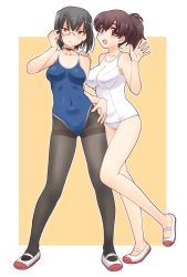 Rule 34 | 2girls, adjusting eyewear, black choker, black eyes, black hair, black legwear, blue one-piece swimsuit, bow choker, breasts, brown eyes, brown hair, choker, closed mouth, commentary request, competition school swimsuit, covered navel, frown, full body, girls und panzer, hand in own hair, hand on another&#039;s shoulder, hand on own hip, kawashima momo, koyama yuzu, looking at viewer, medium breasts, monocle, multiple girls, no socks, old school swimsuit, one-piece swimsuit, open mouth, outside border, pantyhose, pantyhose under swimsuit, revision, school swimsuit, semi-rimless eyewear, shoes, short hair, short ponytail, smile, standing, standing on one leg, swimsuit, thighband pantyhose, thighs, under-rim eyewear, uona telepin, uwabaki, waving, white footwear, white one-piece swimsuit, white school swimsuit, yellow background