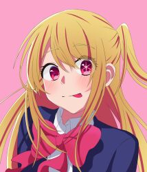 Rule 34 | 1girl, blonde hair, blue jacket, blush, bow, bowtie, closed mouth, collared shirt, commentary request, dress shirt, hair between eyes, highres, hoshino ruby, jacket, long hair, looking at viewer, mismatched pupils, one side up, oshi no ko, pink background, pink bow, pink bowtie, pink eyes, shadow, shirt, sidelocks, simple background, solo, star-shaped pupils, star (symbol), symbol-shaped pupils, tetete (b9zstlqa1), tongue, tongue out, upper body, variant set, white shirt