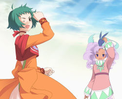 Rule 34 | 00s, 2girls, :d, ;d, big hair, clenched hand, cloud, creature on head, day, dress, farah oersted, green hair, looking at viewer, meredy (tales), mochi (pixiv53625), multiple girls, one eye closed, open mouth, quickie (tales), short hair, sky, smile, tales of (series), tales of eternia, turtleneck, twintails