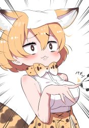 Rule 34 | 1girl, :3, animal ear fluff, animal ears, applying manicure, bare arms, bare shoulders, blonde hair, blush, bow, bowtie, breasts, brown eyes, clipping nails, closed mouth, commentary, ears down, emphasis lines, extra ears, hair between eyes, highres, kemono friends, large breasts, nail clippers, no gloves, object on head, print bow, print bowtie, print skirt, ransusan, serval (kemono friends), shirt, short hair, skirt, sleeveless, sleeveless shirt, solo, tail, traditional bowtie, white shirt