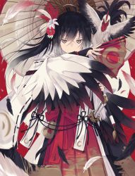 Rule 34 | 1girl, animal, bird, black hair, brown eyes, chicken, chinese zodiac, commentary request, hand fan, feathered wings, feathers, hair ornament, highres, japanese clothes, katana, kimono, long hair, looking at viewer, nagishiro mito, original, paper fan, rooster, solo, sword, uchiwa, weapon, wide sleeves, wings, year of the rooster