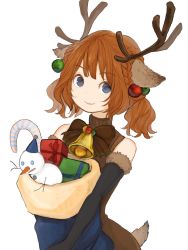 Rule 34 | 1girl, animal ears, antlers, bare shoulders, black gloves, blue eyes, blunt bangs, brown hair, candy, candy cane, closed mouth, deer ears, deer tail, elbow gloves, food, fur trim, gift, gloves, hair ornament, highres, horns, looking at viewer, reindeer antlers, ribbon, sack, sako (35s 00), simple background, smile, snowman, solo, tail, turtleneck, twintails, upper body, white background