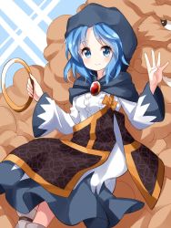 Rule 34 | 1girl, blue eyes, blue hair, bow, breasts, center frills, commentary request, dress, eyelashes, feet out of frame, frills, hands up, highres, holding, hood, hood up, hoop, kesa, kumoi ichirin, looking at viewer, medium hair, one-hour drawing challenge, parted bangs, ruu (tksymkw), shoes, smile, solo focus, touhou, unzan, white dress