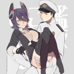 Rule 34 | 10s, 1boy, 1girl, admiral (kancolle), bad id, bad pixiv id, black gloves, black thighhighs, blush, breasts, carrying, cleavage, eyepatch, gloves, hat, headgear, kantai collection, large breasts, open mouth, peaked cap, personification, princess carry, purple hair, short hair, shouhan, sitting, sitting on lap, sitting on person, tenryuu (kancolle), thighhighs, uniform, white gloves, yellow eyes