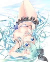 Rule 34 | 10s, 1girl, bikini, blue eyes, blush, bow, breasts, cleavage, collarbone, commentary request, from behind, green hair, hair between eyes, hair bow, kantai collection, kurun (kurun777), large breasts, long hair, looking at viewer, navel, open mouth, solo, swimsuit, thigh gap, yamakaze (kancolle)