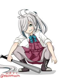 Rule 34 | 1girl, ahoge, asashimo (kancolle), baseball bat, boots, commentary request, cross-laced footwear, dated, green eyes, grey pantyhose, grin, hair over one eye, halterneck, kantai collection, lace-up boots, long hair, looking at viewer, masara (chuujou), one-hour drawing challenge, pantyhose, ponytail, school uniform, sharp teeth, shirt, silver hair, simple background, slav squatting, smile, solo, squatting, teeth, twitter username, white background, white shirt