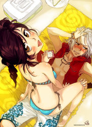 Rule 34 | 1boy, 1girl, :d, anklet, bad deviantart id, bad id, barefoot, bikini, blush, brown eyes, brown hair, camera, from above, gokudera hayato, green eyes, hand in own hair, holding, jewelry, katekyo hitman reborn!, lips, looking at viewer, looking up, lying, miura haru, on back, open mouth, rusky, side-tie bikini bottom, silver hair, sitting, sitting on person, smile, swimsuit