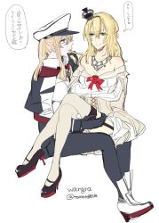 Rule 34 | 10s, 2girls, anchor, bad id, bad twitter id, bare shoulders, black footwear, black gloves, black legwear, blonde hair, blue eyes, braid, breasts, capelet, cleavage, collarbone, corset, cross, crossed arms, crossed legs, crown, dress, eye contact, flower, french braid, garter straps, gloves, graf zeppelin (kancolle), hair between eyes, hairband, hat, high heels, highres, iron cross, jacket, jewelry, kantai collection, large breasts, long hair, long sleeves, looking at another, mary janes, military, military hat, military uniform, mini crown, miniskirt, multiple girls, necklace, off-shoulder dress, off shoulder, pantyhose, peaked cap, red flower, red ribbon, red rose, ribbon, rose, shoes, sidelocks, simple background, sitting, sitting on lap, sitting on person, skirt, smile, thighhighs, touma (tomatooo018), twintails, twitter username, uniform, warspite (kancolle), white background, white dress, white hat, white legwear, yuri