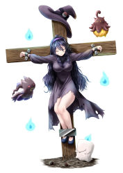 Rule 34 | 1girl, 3:, = =, alternate breast size, banette, black footwear, black hair, blue fire, breasts, character name, closed mouth, creatures (company), cross, crucifix, crucifixion, dress, fire, frown, full body, game freak, gen 3 pokemon, gen 5 pokemon, gen 6 pokemon, hair between eyes, hairband, hat, hex maniac (pokemon), highres, hitodama, impossible clothes, impossible dress, litwick, long hair, long sleeves, looking at another, mary janes, medium breasts, nintendo, npc trainer, parsue, poke ball, poke ball (basic), pokemon, pokemon (creature), pokemon xy, pumpkaboo, red eyes, shoes, unworn hat, unworn headwear, very long hair, white background, witch hat, zipper