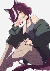Rule 34 | 1girl, 82hanico, animal ears, bare shoulders, black nails, black shorts, blush, breasts, choker, cutoffs, eyepatch, feet out of frame, fishnet pantyhose, fishnets, green jacket, grey shirt, grin, highres, horse ears, jacket, knees up, looking at viewer, multicolored hair, nail polish, no shoes, off shoulder, open clothes, open jacket, pantyhose, shirt, short hair, short shorts, shorts, simple background, sitting, small breasts, smile, solo, streaked hair, tanino gimlet (umamusume), tank top, umamusume, white background, yellow eyes