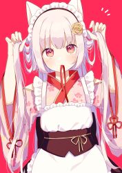 Rule 34 | 1girl, absurdres, apron, commentary, floral print, flower, frilled apron, frills, grey hair, hair flower, hair ornament, hands up, highres, japanese clothes, kimono, long hair, long sleeves, looking at viewer, maid, maid apron, maid headdress, mouth hold, notice lines, obi, original, pink kimono, print kimono, red background, red eyes, red ribbon, ribbon, ribbon in mouth, rose, sash, simple background, sofra, solo, symbol-only commentary, tying hair, very long hair, wa maid, white apron, wide sleeves, yellow flower, yellow rose