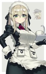 Rule 34 | 2girls, adapted costume, alternate costume, apron, bismarck (kancolle), black dress, black gloves, black hat, black ribbon, blonde hair, blush, breasts, chibi, chibi inset, closed eyes, closed mouth, commentary request, cowboy shot, cup, dress, enmaided, gloves, graf zeppelin (kancolle), green eyes, grey background, hair between eyes, hair ribbon, hand on own hip, hat, highres, holding, holding tray, itsumo nokoru, kantai collection, large breasts, light blush, long hair, long sleeves, looking at viewer, maid, maid headdress, milk carton, multiple girls, neck ribbon, peaked cap, pocket, red ribbon, ribbon, sidelocks, simple background, sleeve cuffs, solo focus, sparkle, teacup, tray, twintails, v-shaped eyebrows, white apron
