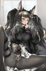 Rule 34 | 1girl, absurdres, animal ear fluff, animal ears, arknights, bar censor, belt, black gloves, black hairband, black jacket, black pantyhose, black scarf, black sweater, blush, censored, clitoral stimulation, closed eyes, closed mouth, clothes lift, covered anus, crying, extra ears, feet out of frame, female masturbation, fingerless gloves, flower, gloves, hair flower, hair ornament, hairband, highres, id card, indoors, jacket, lifting own clothes, long hair, long sleeves, masturbation, masturbation through clothes, miniskirt, monch (arknights), mosaic censoring, no panties, nopetroto, open clothes, open jacket, pantyhose, pussy, pussy juice, reclining, resolution mismatch, scarf, skirt, skirt lift, sleeves past wrists, solo, source smaller, spread legs, steaming body, sweater, tears, thigh strap, twintails, unzipped, very long hair, wet, wet clothes, white flower, white skirt