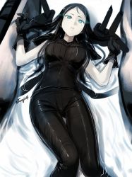 Rule 34 | 1girl, abyssal ship, black gloves, black hair, black pants, black shirt, blue eyes, breasts, gloves, glowing, glowing eyes, impossible clothes, kantai collection, long hair, looking at viewer, lying, medium breasts, on back, on bed, pale skin, pants, parted lips, rigging, ru-class battleship, shirt, skin tight, sleeveless, sleeveless shirt, solo, terrajin, turret, twitter username, upper body