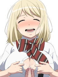 1boy 1girl ao_no_exorcist blonde_hair breasts censored closed_eyes hetero kh-fullhouse large_breasts moriyama_shiemi mosaic_censoring open_mouth paizuri penis school_uniform smile