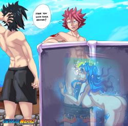 Rule 34 | 1girl, 2boys, absurdres, asphyxiation, bent over, breasts, cleavage, deepthroat, drowning, fairy tail, fellatio, gray fullbuster, highres, huge breasts, ichduhernz, juvia lockser, large breasts, long hair, looking at viewer, multiple boys, nail polish, natsu dragneel, netorare, oral, partially submerged, stealth fellatio, stealth sex, underwater