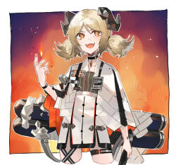 Rule 34 | 1girl, arknights, blonde hair, border, bracelet, cape, commentary request, cowboy shot, cropped legs, demon girl, demon horns, dress, gradient background, hand up, highres, horns, id card, ifrit (arknights), jewelry, material growth, open mouth, orange background, orange hair, oripathy lesion (arknights), purple background, short twintails, smile, solo, teeth, thigh strap, twintails, upper teeth only, white cape, white dress, yakota (usuk-yako)