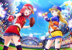Rule 34 | 2girls, :q, aircraft, airplane, alternate hairstyle, artist request, ayase eli, balloon, baseball, baseball bat, baseball glove, baseball uniform, belt, blonde hair, blue eyes, blue sky, blush, bow, bracelet, character name, copyright name, day, fingerless gloves, gloves, hair down, hair ornament, hairclip, hat, headset, holding, jewelry, long hair, long sleeves, looking at viewer, love live!, love live! school idol festival, love live! school idol project, midriff, multiple girls, navel, nishikino maki, official art, one eye closed, open mouth, purple eyes, red hair, short hair, short sleeves, skirt, sky, smile, sportswear, stadium, star (symbol), sunlight, tattoo, tongue, tongue out