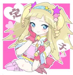 Rule 34 | 1girl, :&gt;, blonde hair, blue eyes, blue hairband, blunt bangs, blush, border, closed mouth, commentary request, cosplay, cropped shirt, gloves, gozen sadako, hair ornament, hairband, hand on own cheek, hand on own face, hands up, heart, idol clothes, long hair, looking at viewer, microphone, midriff, moudoku (decopon3rd), nervous, nervous smile, pink background, pink gloves, pink shirt, pink skirt, pretty series, pripara, shirt, skirt, smile, solo, star (symbol), star hair ornament, sweatdrop, translation request, two side up, white border, yumekawa yui, yumekawa yui (cosplay)