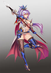 Rule 34 | 1girl, :d, armor, asymmetrical legwear, belt, boots, breasts, cape, cleavage, curvy, fantasy, female focus, full body, gauntlets, gorget, gradient background, hair ornament, high heel boots, high heels, highres, large breasts, long hair, looking at viewer, mismatched legwear, mxj, navel, open mouth, original, parted lips, pauldrons, polearm, purple hair, shoulder armor, smile, solo, spear, standing, thighhighs, very long hair, weapon, wide hips, yellow eyes