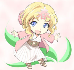 Rule 34 | blonde hair, blue eyes, chibi, flower, haru-chan, japanese clothes, kimono, leaf, nhk (broadcaster), outstretched arms, regdic, sandals, solo, spread arms