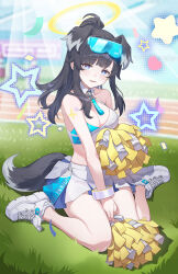 Rule 34 | 1girl, absurdres, animal ears, bare shoulders, black hair, blue archive, blue eyes, breasts, bright pupils, cleavage, collar, cross-laced footwear, detached collar, eyewear on head, halo, hibiki (blue archive), hibiki (cheer squad) (blue archive), highres, holding, holding pom poms, long hair, looking at viewer, medium breasts, millennium cheerleader outfit (blue archive), official alternate costume, outdoors, parted lips, pom pom (cheerleading), pom poms, shoes, sidelocks, sitting, skirt, solo, star (symbol), tail, wariza, white collar, white footwear, white pupils, white skirt, yukiyaii