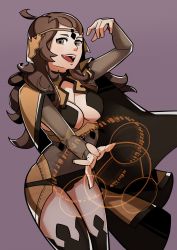 Rule 34 | 1girl, alternate hair color, black thighhighs, breasts, brown eyes, brown hair, fire emblem, fire emblem fates, highres, looking at viewer, nintendo, ophelia (fire emblem), simple background, smile, solo, splashbrush, thighhighs, thighs