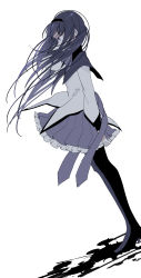 Rule 34 | 1girl, akemi homura, arm at side, ayumaru (art of life), black hair, black hairband, black pantyhose, black theme, capelet, covered mouth, dutch angle, expressionless, flat chest, floating hair, frilled skirt, frills, from side, full body, grey capelet, grey ribbon, grey skirt, grey theme, hairband, half-closed eyes, hand in own hair, hand up, highres, jitome, legs together, long hair, long sleeves, looking afar, mahou shoujo madoka magica, mahou shoujo madoka magica (anime), neck ribbon, pantyhose, pleated skirt, profile, purple eyes, ribbon, shaded face, simple background, skirt, solo, splatter, standing, straight hair, white background