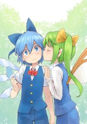 Rule 34 | blue bow, blue eyes, blue hair, blue legwear, blue vest, blush, bow, buttons, cirno, collared shirt, d@i, daiyousei, closed eyes, fairy wings, food, frilled sleeves, frills, green hair, hair bow, hand on another&#039;s shoulder, highres, holding, holding food, ice, ice wings, kiss, kissing cheek, neck ribbon, pointy ears, popsicle, red ribbon, ribbon, shirt, side ponytail, sweatdrop, touhou, vest, white shirt, wings