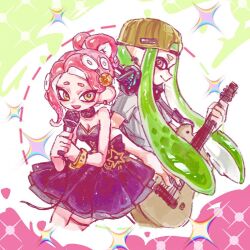 Rule 34 | 2girls, :d, agent 3 (splatoon), agent 8 (splatoon), bare shoulders, black choker, breasts, chinese commentary, choker, cleavage, dress, earrings, green hair, guitar, hat, headgear, highres, holding, holding guitar, holding instrument, holding microphone, inkling, inkling girl, inkling player character, instrument, jewelry, long hair, medium breasts, microphone, multiple girls, nintendo, octoling, octoling girl, octoling player character, open mouth, pink eyes, pink hair, pointy ears, ponytail, purple dress, short hair, short sleeves, smile, splatoon (series), strapless, strapless dress, suction cups, tentacle hair, thenintlichen96, very long hair, yellow eyes