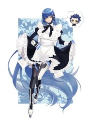 Rule 34 | 2boys, alternate costume, aogami (megami tensei), apron, black dress, blue hair, bodysuit, border, chibi, chibi inset, clothes lift, commentary request, crossdressing, dress, dress lift, enmaided, floral background, frilled dress, frills, full body, hand on own hip, head tilt, knees together feet apart, leaning to the side, legs, long hair, looking at viewer, maid, male focus, morimiya (kuroro), multiple boys, protagonist (smtv), shadow, shin megami tensei, shin megami tensei v, shiny clothes, single sidelock, standing, standing on one leg, trap, very long hair, white border, yellow eyes