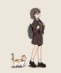 Rule 34 | 1girl, backpack, bag, blazer, blush, braid, brown eyes, brown footwear, brown hair, brown jacket, brown skirt, brown sweater, cat, closed mouth, collared shirt, from side, full body, grey background, hair over shoulder, harumaru sk, highres, jacket, loafers, long bangs, looking at viewer, low twin braids, miniskirt, neck ribbon, open clothes, open jacket, original, pleated skirt, red ribbon, ribbon, school uniform, shirt, shoes, sideways glance, simple background, skirt, smile, socks, solo, sweater, twin braids, v-neck, walking, white shirt, white socks