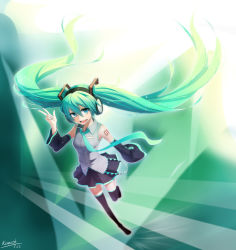 Rule 34 | 1girl, absurdres, aqua eyes, aqua hair, bad id, bad pixiv id, detached sleeves, female focus, gradient background, hair ribbon, hatsune miku, highres, kenneth (qq), long hair, necktie, pleated skirt, ribbon, signature, skirt, solo, standing, standing on one leg, thighhighs, twintails, v, very long hair, vocaloid, zettai ryouiki