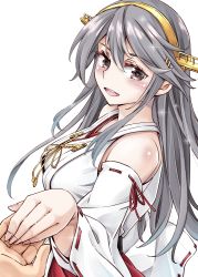 Rule 34 | 1girl, 1other, :d, bare shoulders, blush, brown eyes, detached sleeves, grey hair, hair between eyes, holding hands, haruna (kancolle), headgear, kantai collection, long hair, looking at viewer, nontraditional miko, open mouth, red skirt, remodel (kantai collection), simple background, skirt, smile, solo focus, upper body, white background, wide sleeves, yukiharu