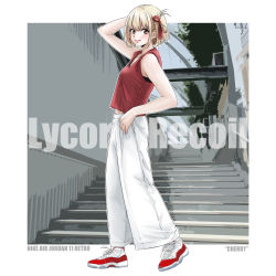 Rule 34 | 1girl, absurdres, air jordan 11 retro, arm up, bambi surprise, bare shoulders, blonde hair, blush, closed mouth, commentary request, full body, hair ornament, highres, lips, lycoris recoil, midriff peek, nishikigi chisato, panties, red eyes, red shirt, shirt, shoes, short hair, sleeveless, sleeveless shirt, smile, sneakers, solo, two-tone footwear, underwear, white panties