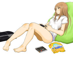 Rule 34 | 1girl, anger vein, ass, bad feet, bare legs, barefoot, brown eyes, brown hair, controller, demon&#039;s souls, feet, from software, full body, game console, game controller, joy (joy-max), long hair, natsume reiko, natsume yuujinchou, no pants, nyanko-sensei, original, panties, playing games, playstation 3, shirt, simple background, sitting, solo, sony, striped clothes, striped panties, t-shirt, toes, underwear