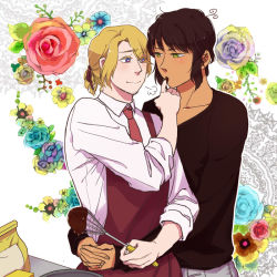 Rule 34 | 2boys, ahoge, apron, arms around waist, axis powers hetalia, bag, black shirt, blonde hair, chocolate, chocolate making, collared shirt, eye contact, eyes visible through hair, face-to-face, facial hair, finger in another&#039;s mouth, floral background, france (hetalia), greece (hetalia), green eyes, hair over one eye, hair ribbon, long sleeves, looking at another, male focus, mixer, momokawa tao, multiple boys, necktie, paper bag, purple eyes, red eyes, ribbon, shirt, short ponytail, sleeves rolled up, smile, stubble, whisk, white shirt, yaoi