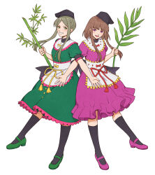 Rule 34 | 2girls, :d, absurdres, apron, bamboo, black headwear, black socks, brown hair, commentary, dress, green dress, green eyes, green footwear, green hair, grin, hat, highres, holding, holding plant, kneehighs, looking at viewer, mary janes, multiple girls, myouga (plant), nishida satono, open mouth, pink dress, pink eyes, pink footwear, plant, puffy short sleeves, puffy sleeves, shoes, short hair with long locks, short sleeves, simple background, smile, socks, tate eboshi, teireida mai, touhou, waist apron, white apron, white background, winterleigh