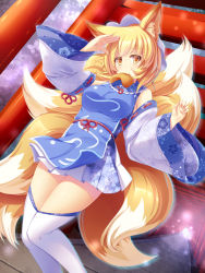 Rule 34 | 1girl, aburaage, adapted costume, animal ears, blonde hair, blush, breasts, cowboy shot, detached sleeves, dress, food, food in mouth, fox ears, fox tail, hat, highres, kitsune, kyuubi, large breasts, liya, long sleeves, looking at viewer, mob cap, multiple tails, short dress, short hair, solo, tabard, tail, thighhighs, torii, touhou, white thighhighs, wide sleeves, yakumo ran, yellow eyes