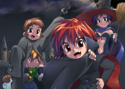 Rule 34 | 1boy, 3girls, blonde hair, blue eyes, blue hair, blush, braid, broom, brown eyes, brown hair, cape, carrying, castle, cloak, fang, fangs, halloween, happy, hat, multiple girls, night, open mouth, original, red eyes, red hair, robe, satou toshiyuki, shoulder carry, vampire, witch, witch hat