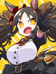 Rule 34 | + +, 1girl, animal ears, black gloves, black hair, breasts, drill hair, drill sidelocks, fang, gloves, hair ornament, highres, horse ears, horse girl, large breasts, long hair, looking at viewer, marvelous sunday (umamusume), mzh, open mouth, orange eyes, pointing, pointing at viewer, red ribbon, ribbon, short sleeves, sidelocks, simple background, solo, sparkle, twintails, umamusume, upper body
