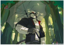 Rule 34 | 1boy, animal ears, bara, beard, cowboy shot, forest, from below, furry, furry male, highres, holding, holding umbrella, large pectorals, looking to the side, male focus, mature male, multicolored hair, muscular, muscular male, nature, original, pants, pectorals, red hair, short hair, solo, streaked hair, sunlight, tail, thick beard, thick eyebrows, tiger boy, tiger ears, tiger tail, tree, umbrella, white hair, whowoe