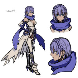Rule 34 | 1girl, alternate color, armor, armored boots, blue eyes, boots, braid, breasts, cape, cleavage, closed mouth, commentary request, crown braid, dated, earrings, expressionless, full body, gauntlets, guillotine cross (ragnarok online), hair between eyes, hand on own hip, jewelry, kusabi (aighe), leotard, long bangs, looking afar, looking at viewer, medium breasts, multiple views, official alternate costume, open mouth, purple armor, purple hair, purple scarf, ragnarok online, scarf, simple background, standing, thighhighs, torn cape, torn clothes, torn scarf, upper body, waist cape, white background, white cape, white leotard, white thighhighs
