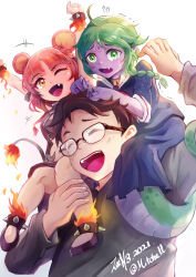 Rule 34 | 1boy, 2girls, absurdres, animal ears, bracelet, braid, brown hair, child, closed eyes, commission, echidna (monster girl encyclopedia), facial mark, fang, father and daughter, fire, forehead mark, glasses, green eyes, green hair, happy, highres, hinezumi (monster girl encyclopedia), jewelry, lamia, monster girl, monster girl encyclopedia, mouse ears, mouse girl, multiple girls, one eye closed, open mouth, orange eyes, original, red hair, shirt, simple background, skirt, smile, spiked anklet, spiked bracelet, spikes, tail, white background, zee n3