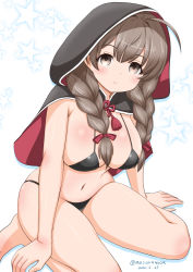Rule 34 | 1girl, barefoot, bikini, black bikini, black capelet, braid, breasts, brown eyes, brown hair, capelet, commentary request, dated, full body, hood, hooded capelet, kantai collection, large breasts, long hair, looking at viewer, masara (chuujou), one-hour drawing challenge, shinshuu maru (kancolle), sitting, solo, star (symbol), starry background, swimsuit, twin braids, twitter username, wariza, white background